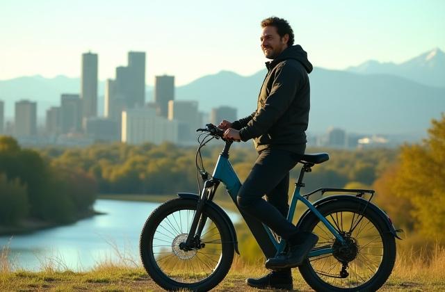 Crystal Commute founder proudly standing next to an electric bicycle overlooking a scenic Denver skyline.