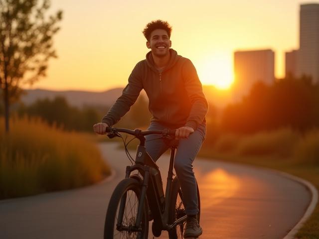 Rider smiling while on a trail on a new e-bike, sunset in Denver