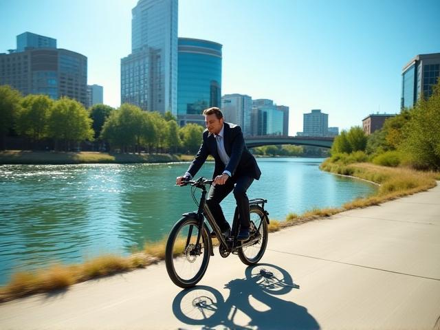 Professional riding an electric commuter bike on a bike path next to a river
