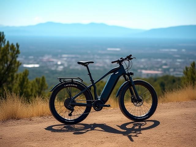 E-bike parked on a scenic mountain trail overlooking Denver, clear sky