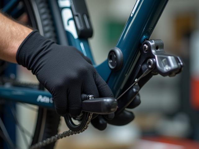 Close-up of hands performing maintenance on an e-bike chain, workshop background
