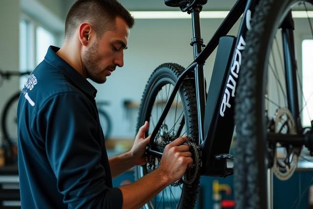 Technician working on an electric bicycle in a clean workshop